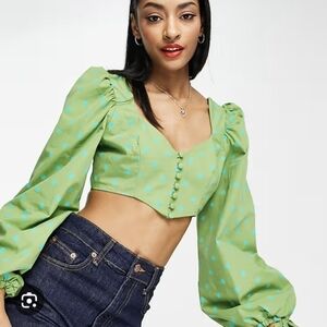 NWT Topshop Corset Crop Top Green Blue Polka Dot Long Puff Sleeve Button Up Sz 4